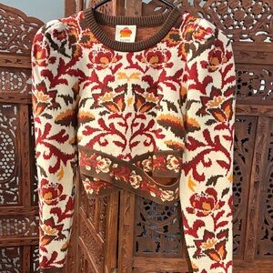 Farm Rio Floral Knit Crop Sweater in Cream, Red & Brown